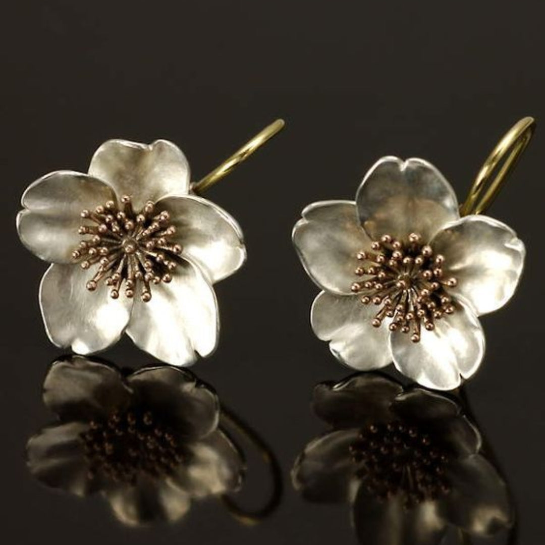 Vintage-Style Two-Tone Blossom Earrings with Contrasting Finish