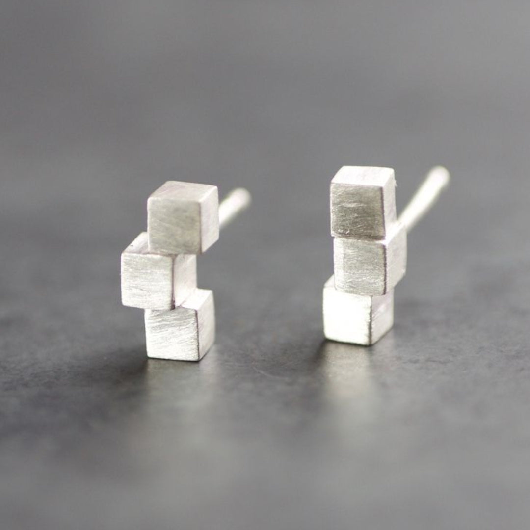 Vintage-Style Geometric Cube Earrings in Silver Colour