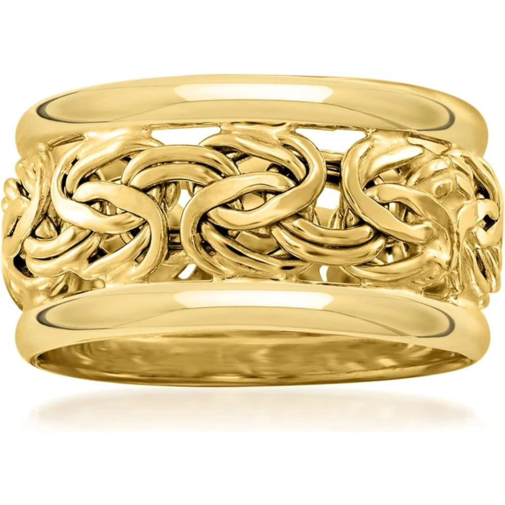 Wide Byzantine Weave Ring with Chain Texture in Gold Colour