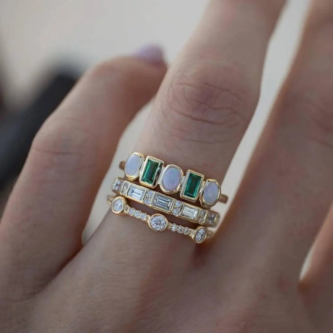 Vintage-Style Iridescent White and Green Stone Ring