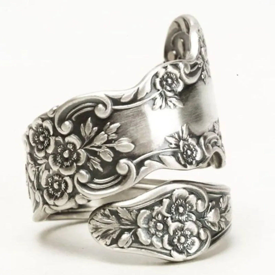 Vintage-Style Spiral Flower Ring with Curling Stem in Silver Colour