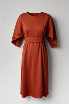 Asymmetric Belted Dress with Voluminous Sleeves