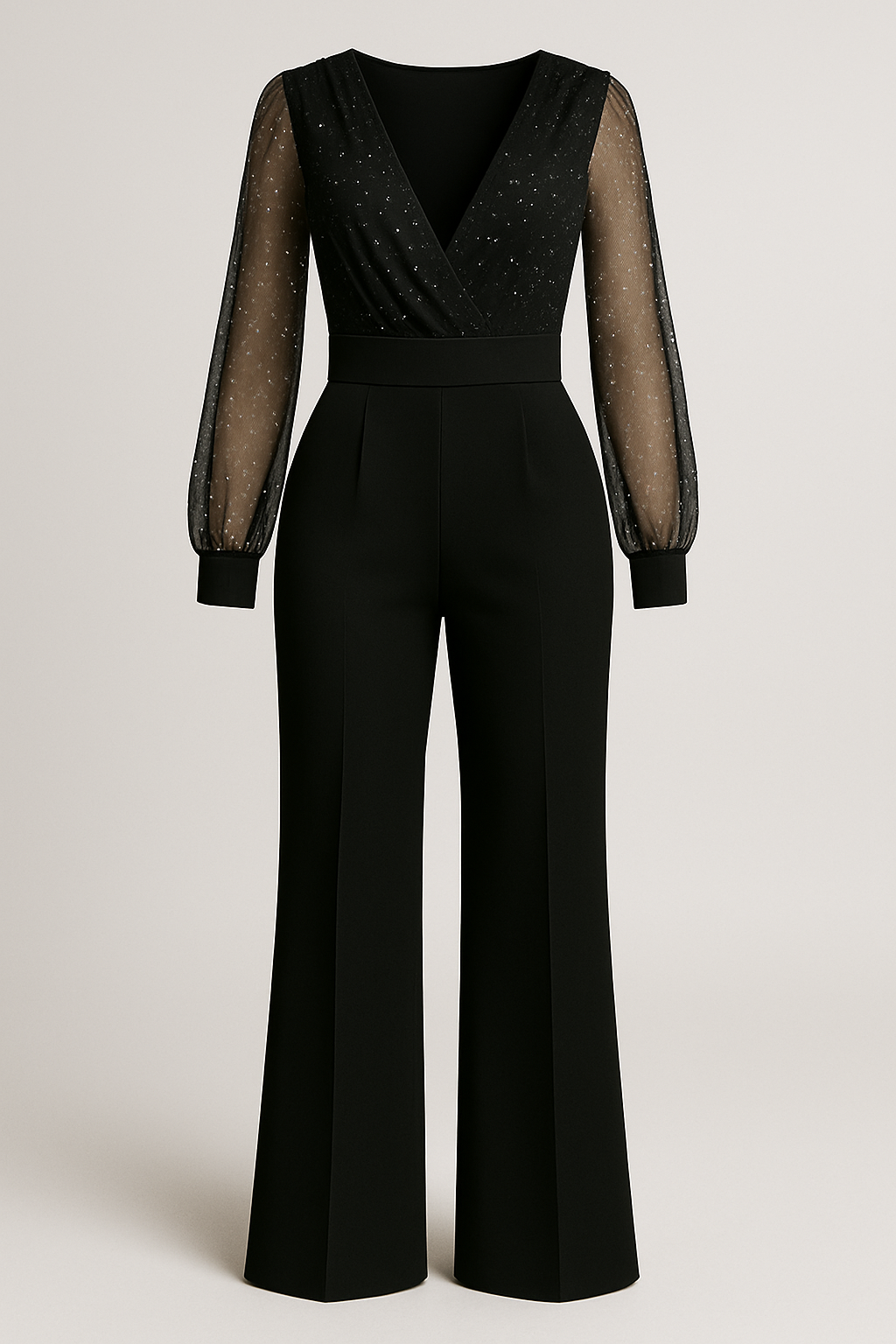Sheer-Sleeve Glitter Jumpsuit with High-Waisted Fit
