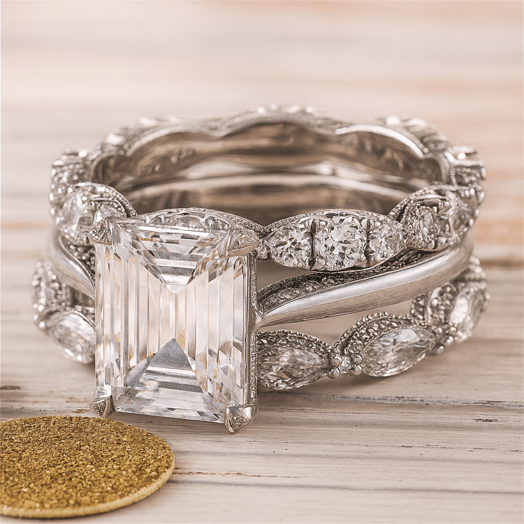 Stacked Ring with Rectangular Crystal and Pavé Rows in Silver Colour