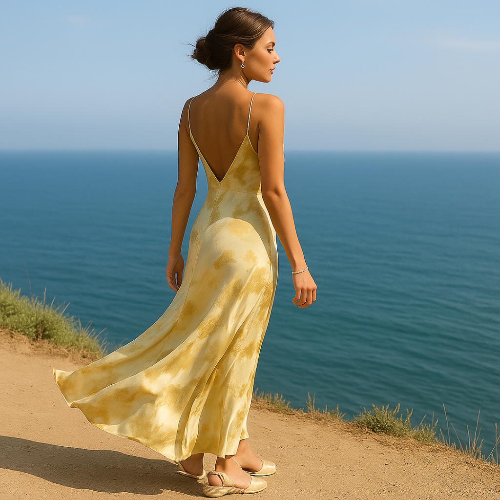 Backless Gold Satin Slip Dress with Adjustable Strap