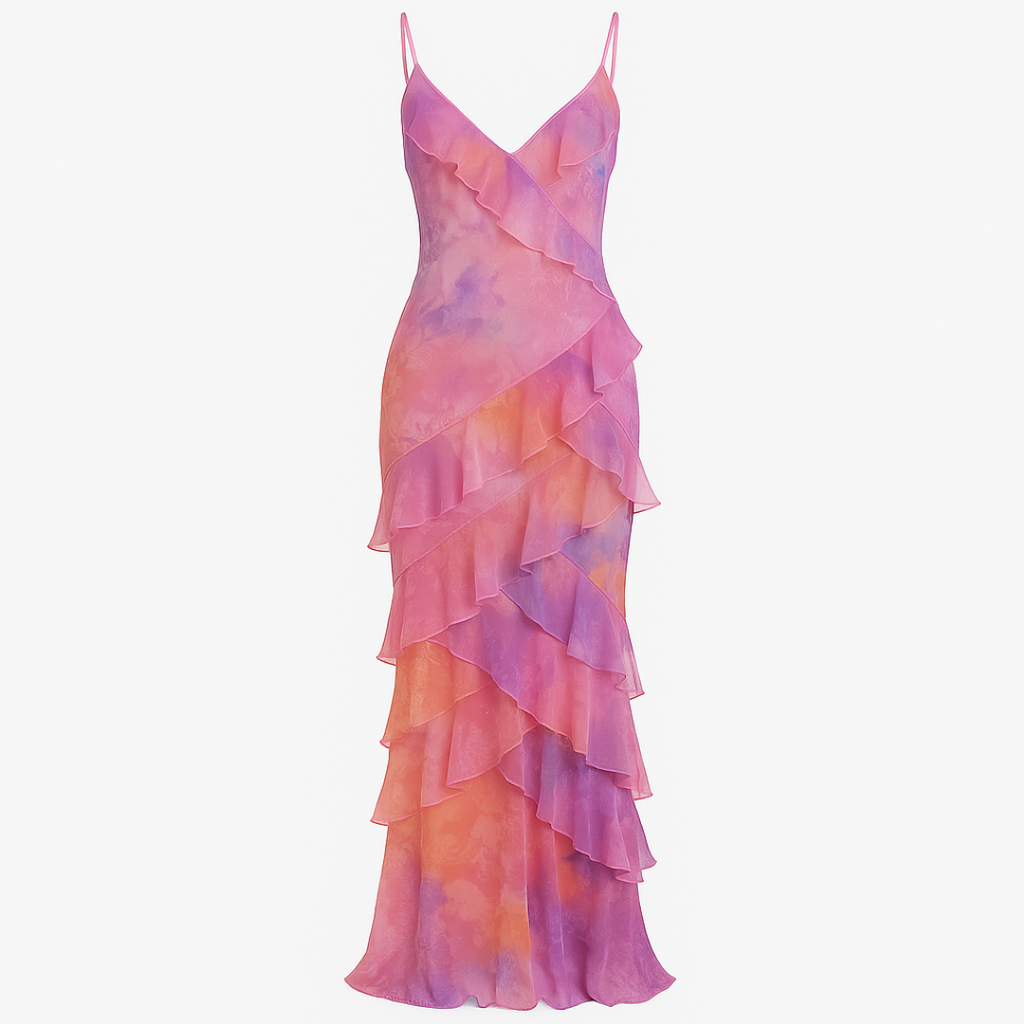Vestido de volantes con estampado floral pastel y diseño por capas