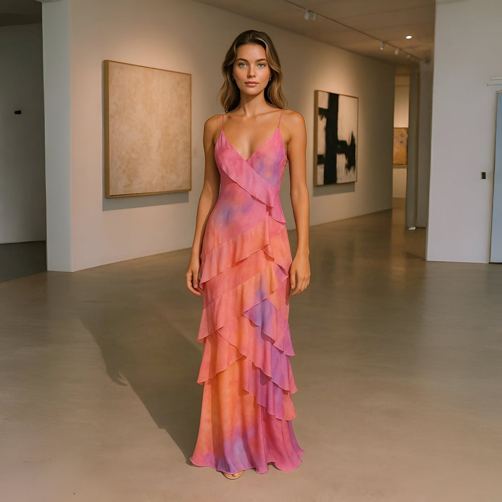 Vestido de volantes con estampado floral pastel y diseño por capas