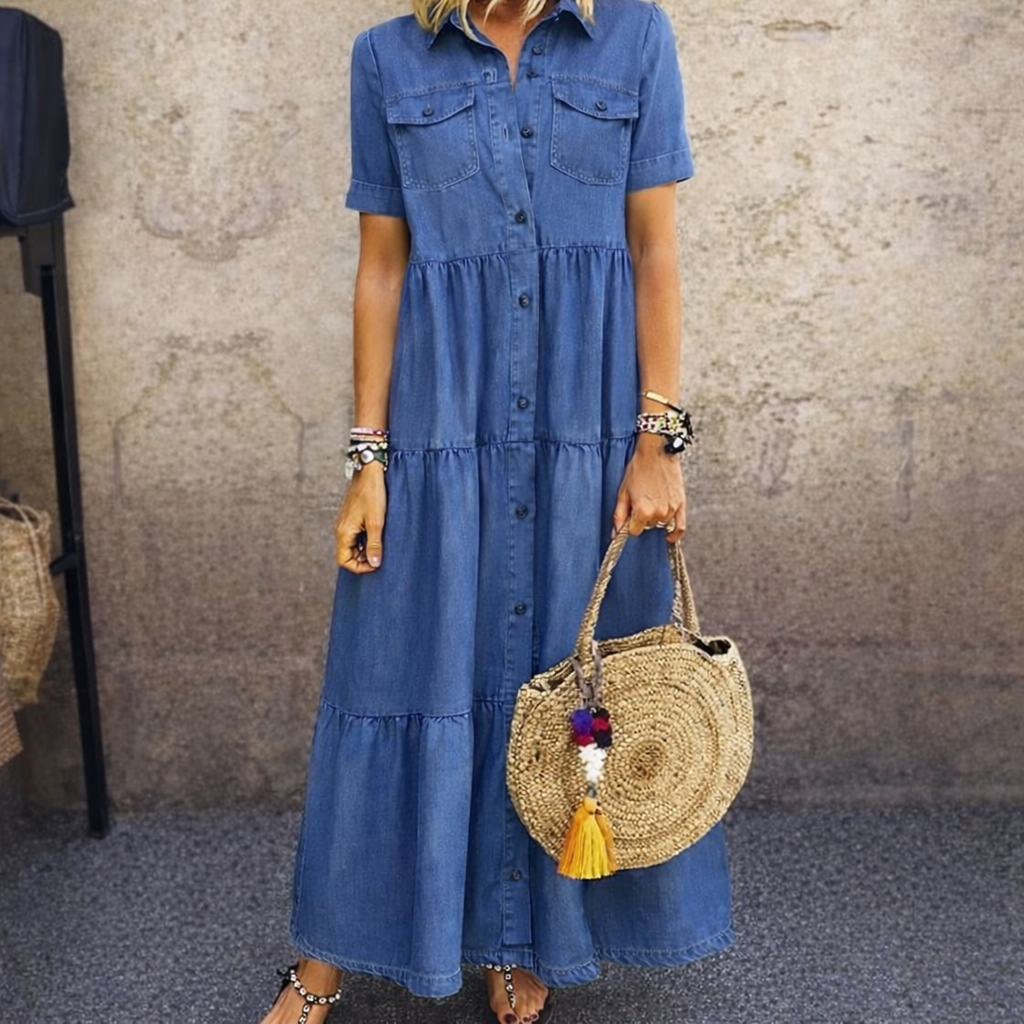 Vestido efecto vaquero con falda de volantes y botonadura delantera