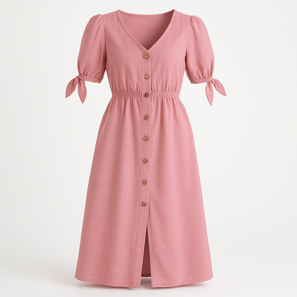 Vestido midi con mangas abullonadas y botones de madera