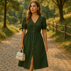 Vestido midi con mangas abullonadas y botones de madera