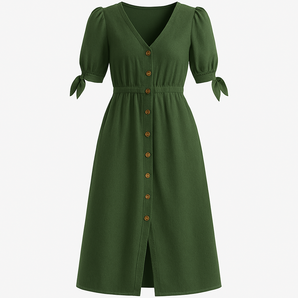 Vestido midi con mangas abullonadas y botones de madera