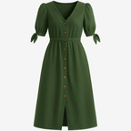 Vestido midi con mangas abullonadas y botones de madera