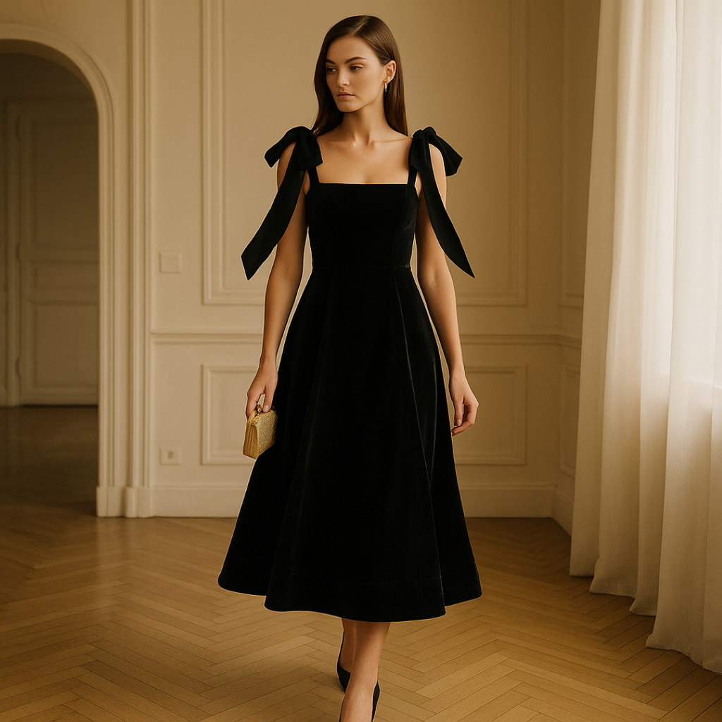 Vestido midi con cinta de terciopelo en la cintura y lazo en la espalda