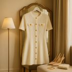 Vestido corto de punto de canalé con detalles dorados