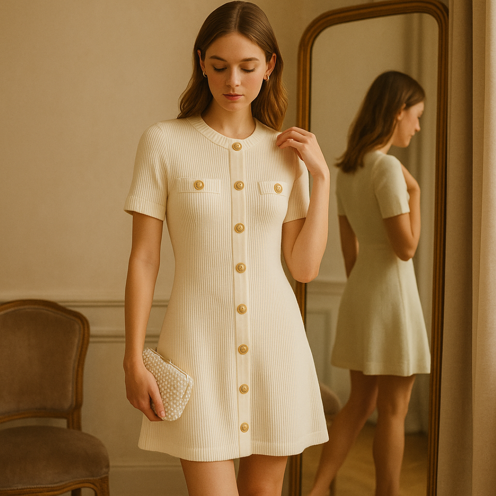 Vestido corto de punto de canalé con detalles dorados