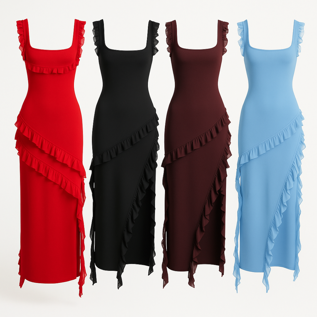Vestido midi sedoso con volantes en cascada y cintura ajustada