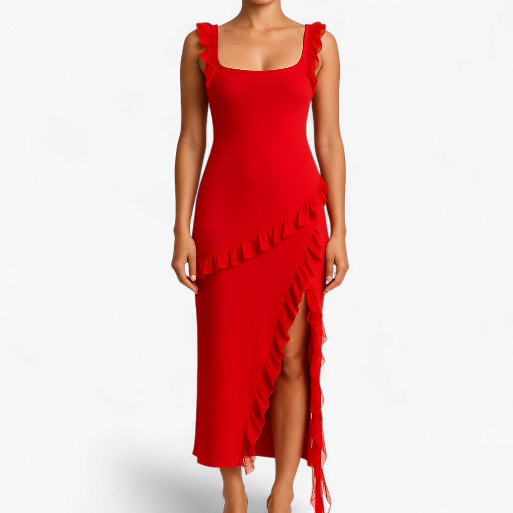 Vestido midi sedoso con volantes en cascada y cintura ajustada