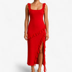 Vestido midi sedoso con volantes en cascada y cintura ajustada