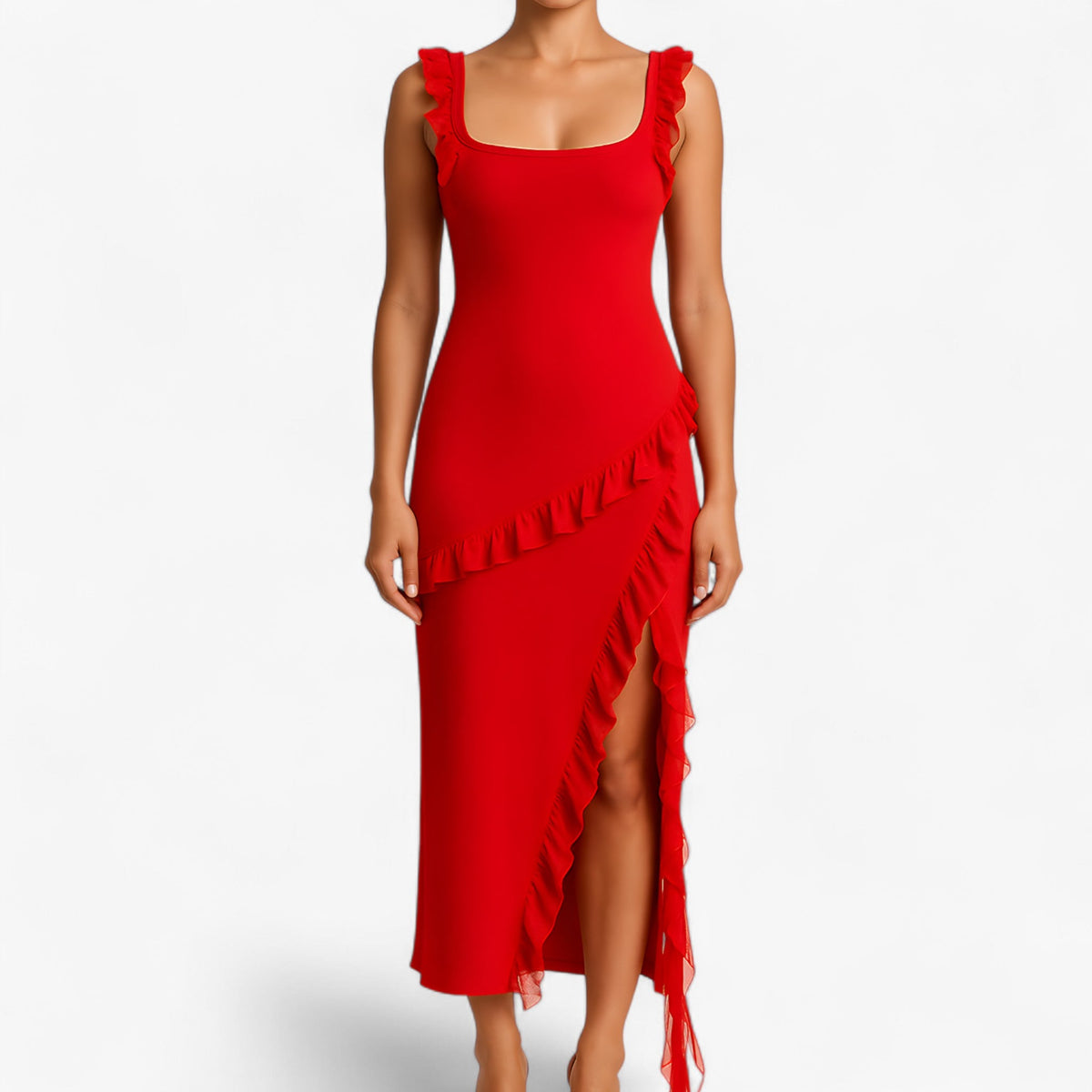 Vestido midi sedoso con volantes en cascada y cintura ajustada