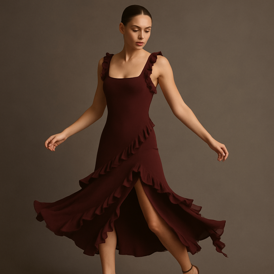 Vestido midi sedoso con volantes en cascada y cintura ajustada