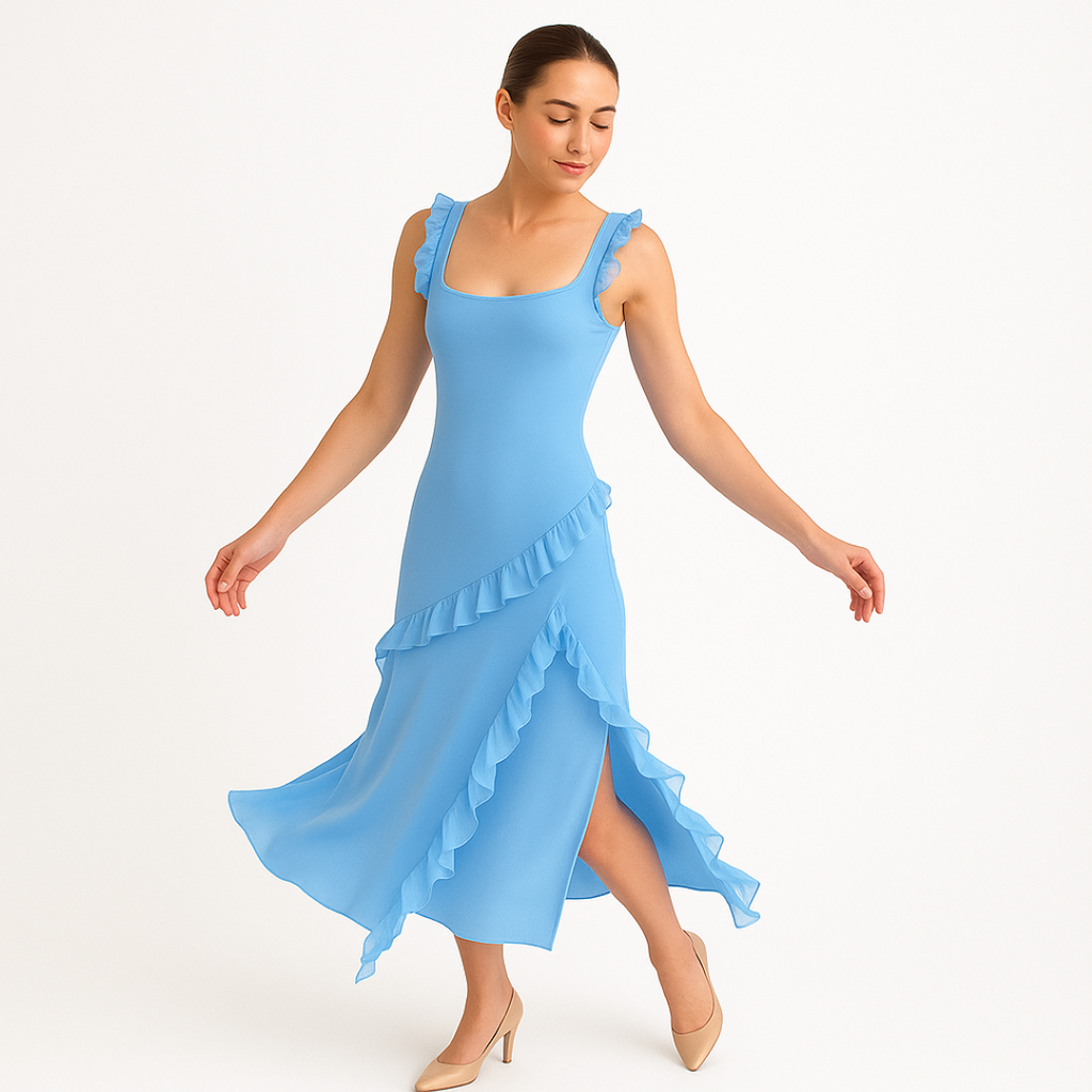 Vestido midi sedoso con volantes en cascada y cintura ajustada