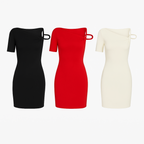 Asymmetric knitted mini dress with woven waist detail