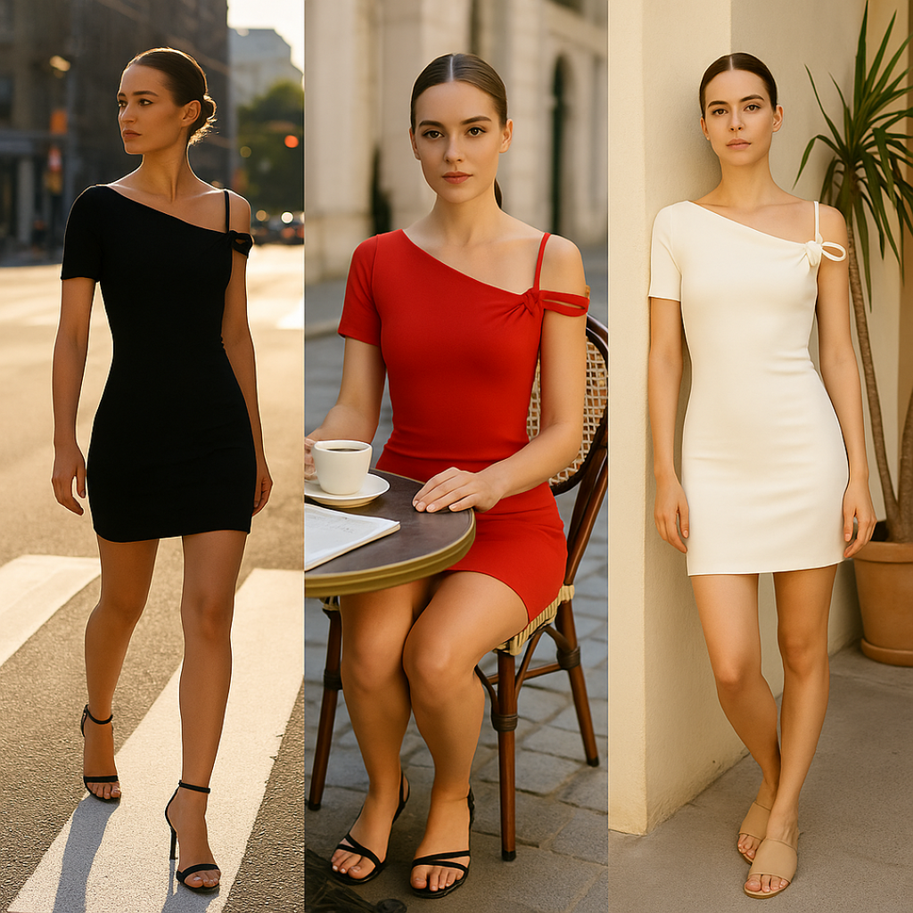 Asymmetric knitted mini dress with woven waist detail