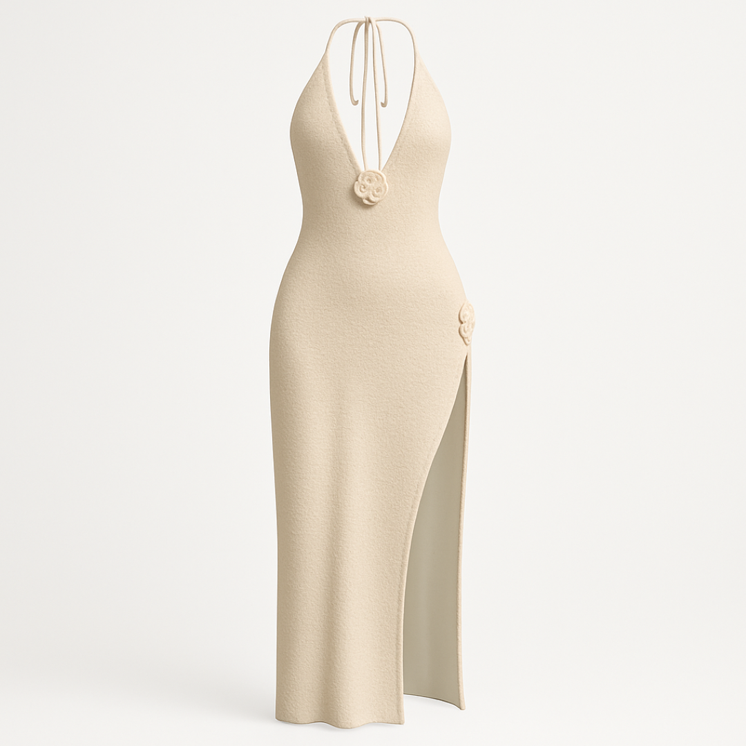 Long Dress with Sculptural Rosette Chest Detail