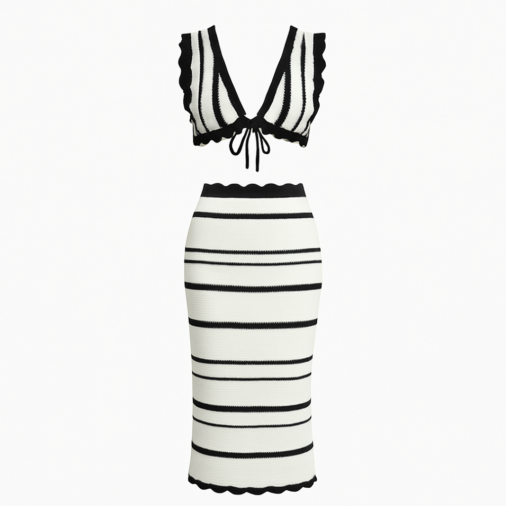 Conjunto artesanal de ganchillo de top y falda con rayas tonales