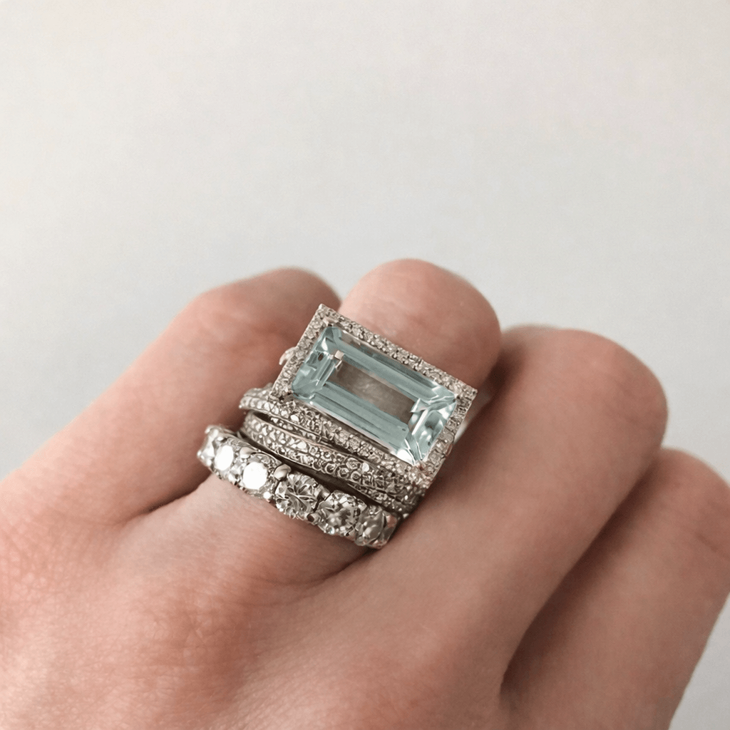 Stackable Blue-Green Glass Ring Set in Silver Colour