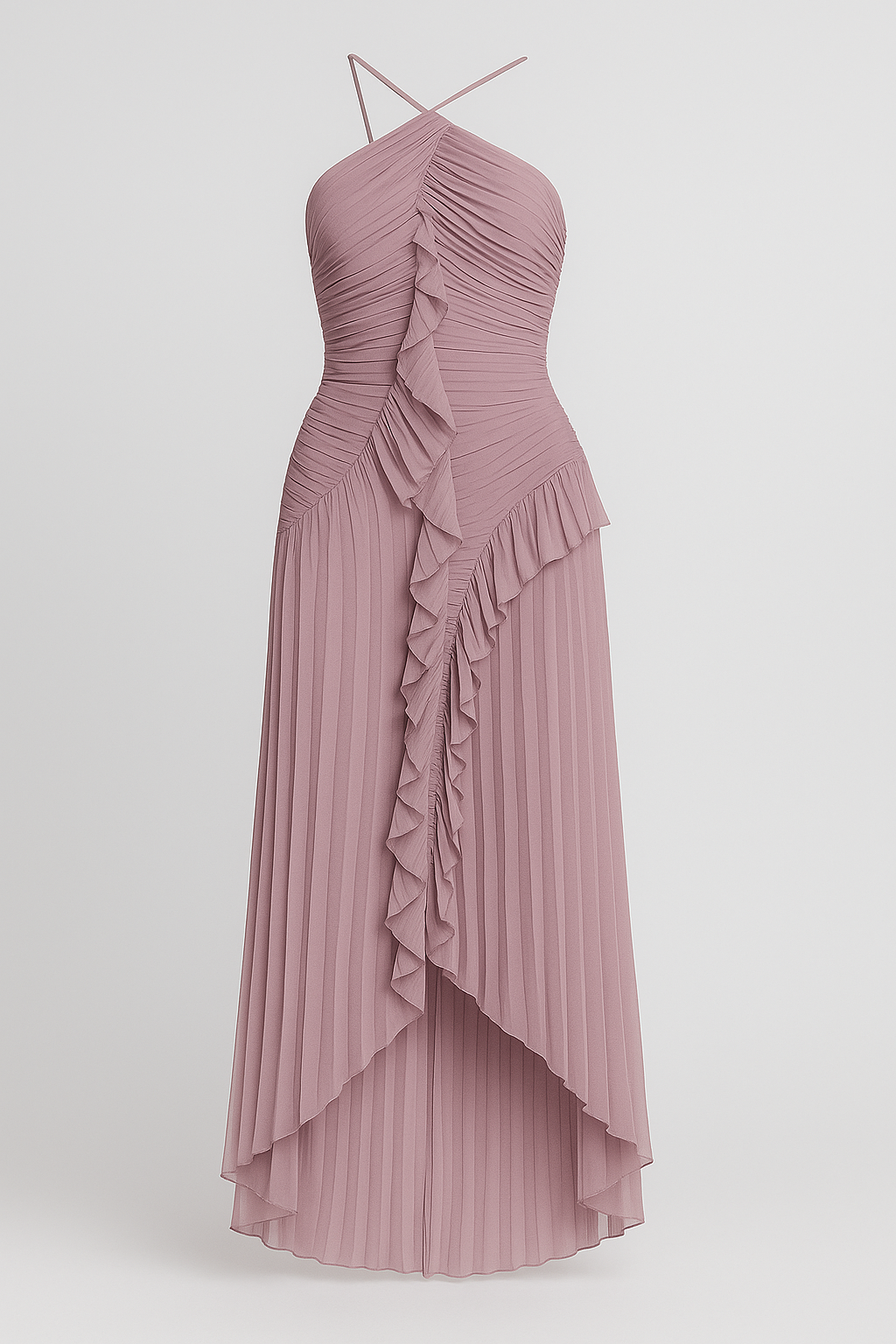 One-Shoulder Pleated Ruffle Dress with a Chiffon Skirt