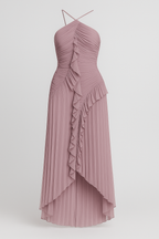 One-Shoulder Pleated Ruffle Dress with a Chiffon Skirt