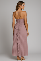 One-Shoulder Pleated Ruffle Dress with a Chiffon Skirt