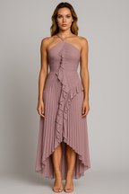 One-Shoulder Pleated Ruffle Dress with a Chiffon Skirt