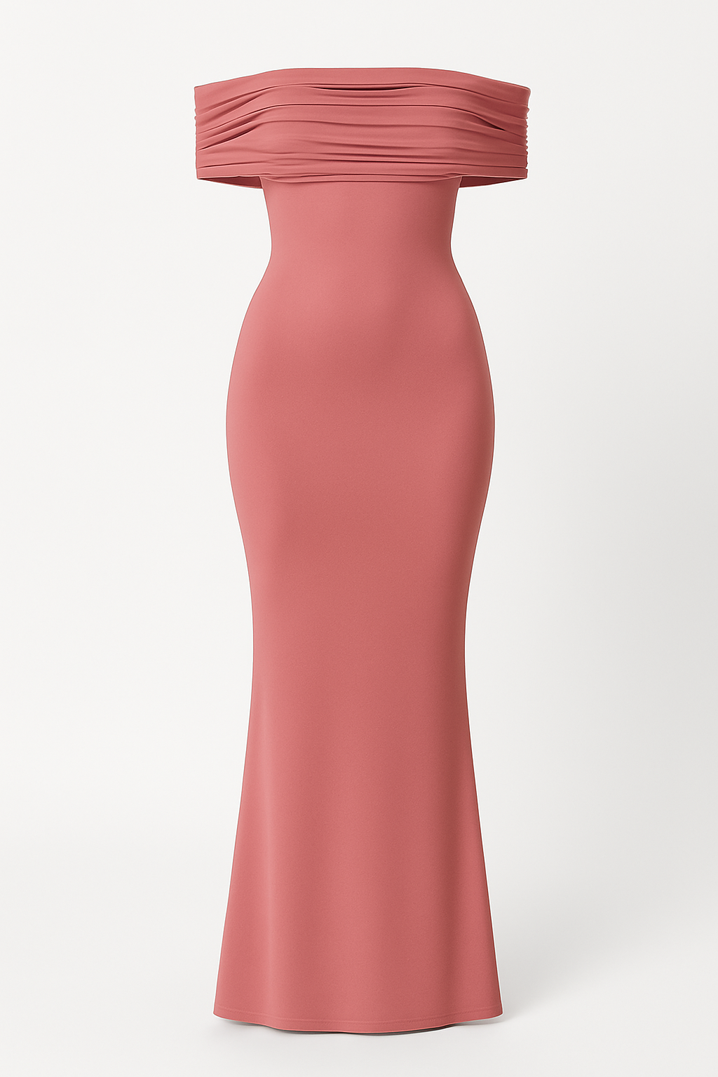 Vestido largo con brillo satinado, hombros descubiertos y espalda abierta