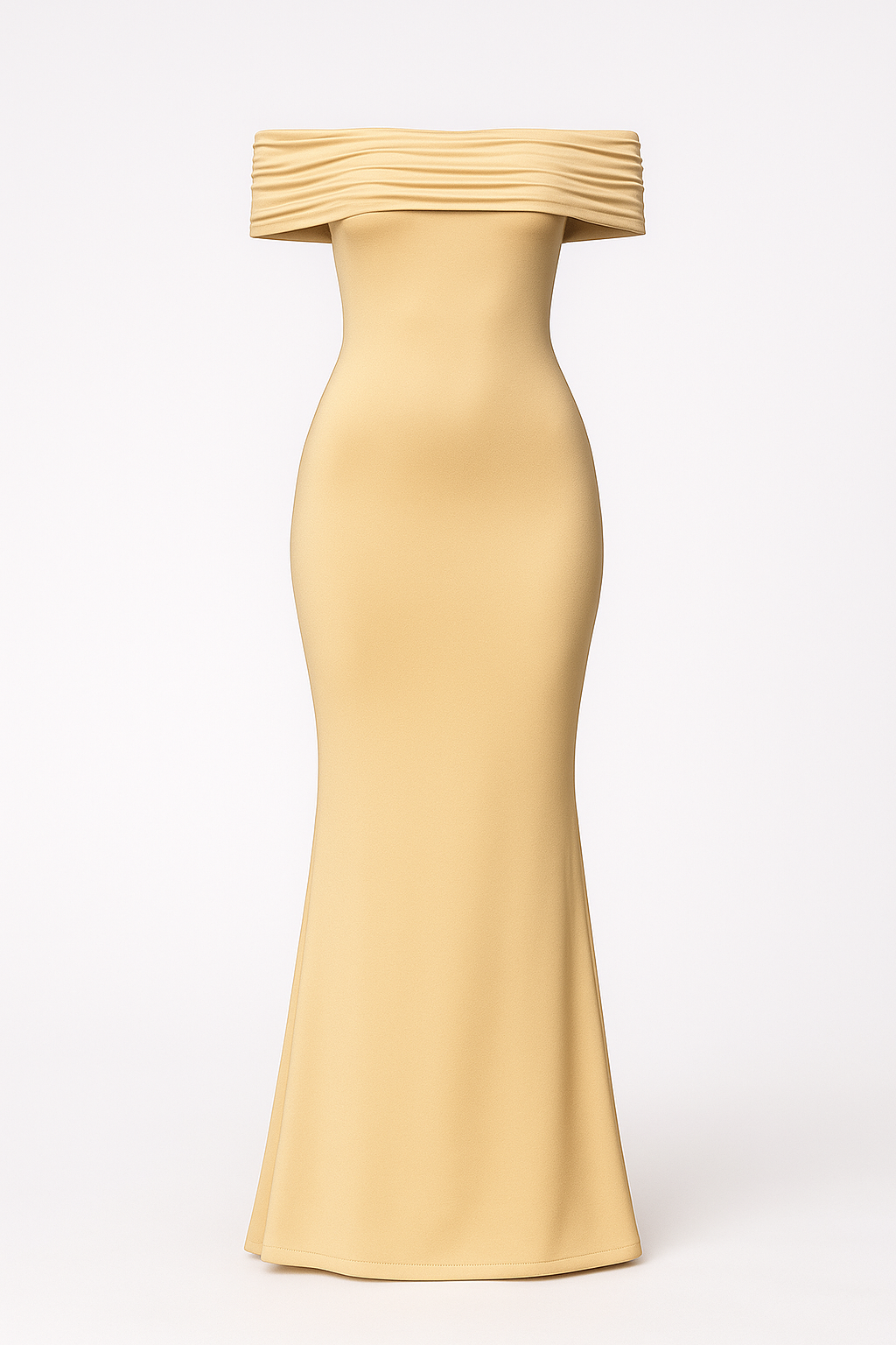 Vestido largo con brillo satinado, hombros descubiertos y espalda abierta