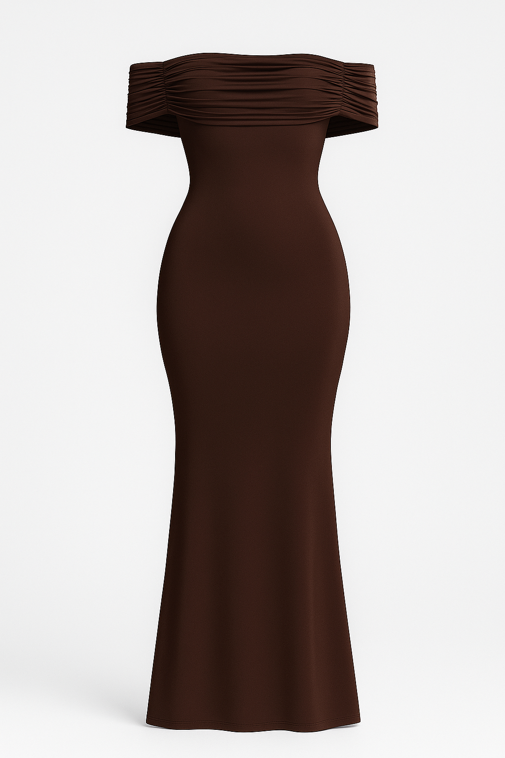 Vestido largo con brillo satinado, hombros descubiertos y espalda abierta