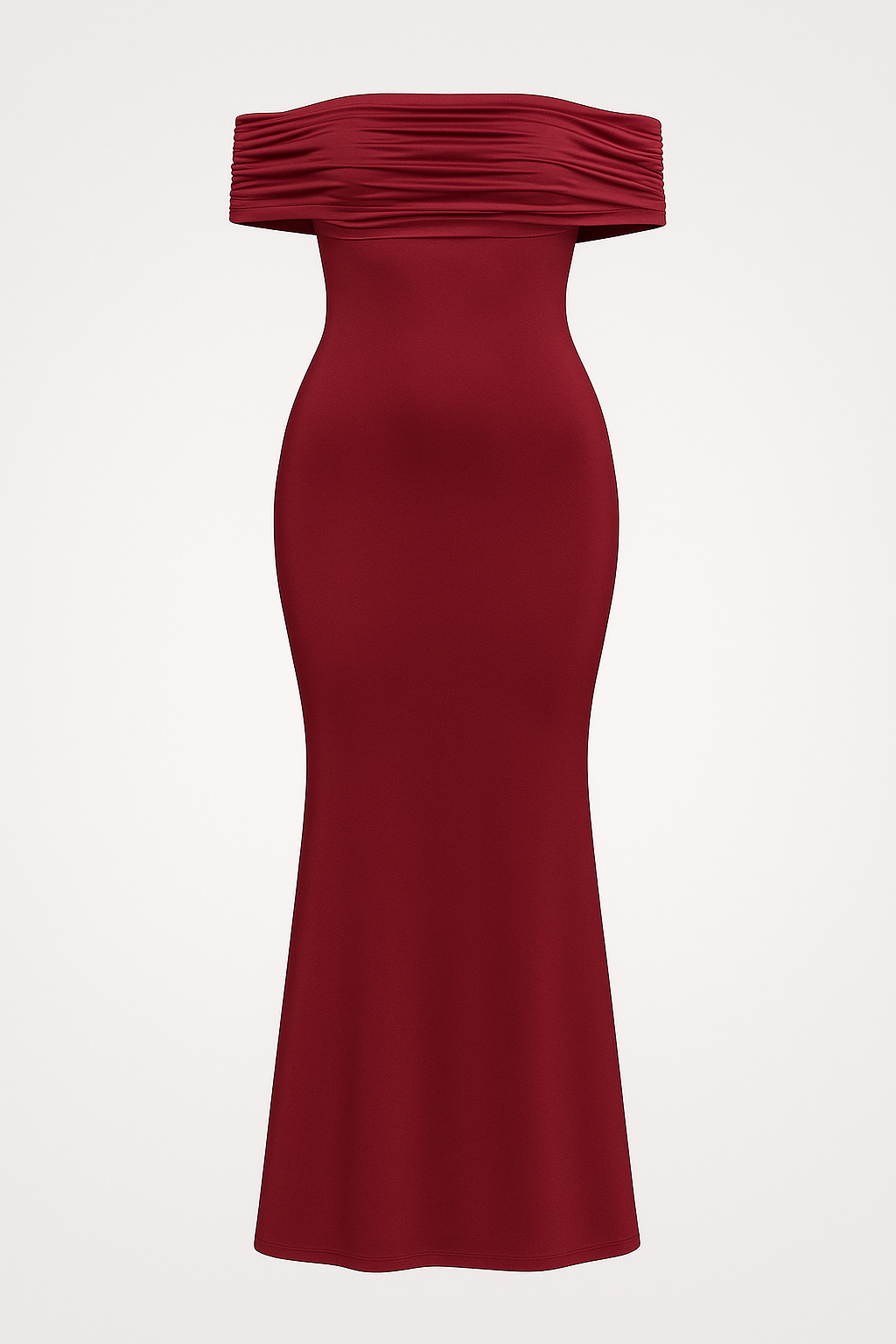 Vestido largo con brillo satinado, hombros descubiertos y espalda abierta