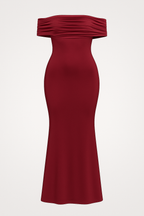 Vestido largo con brillo satinado, hombros descubiertos y espalda abierta