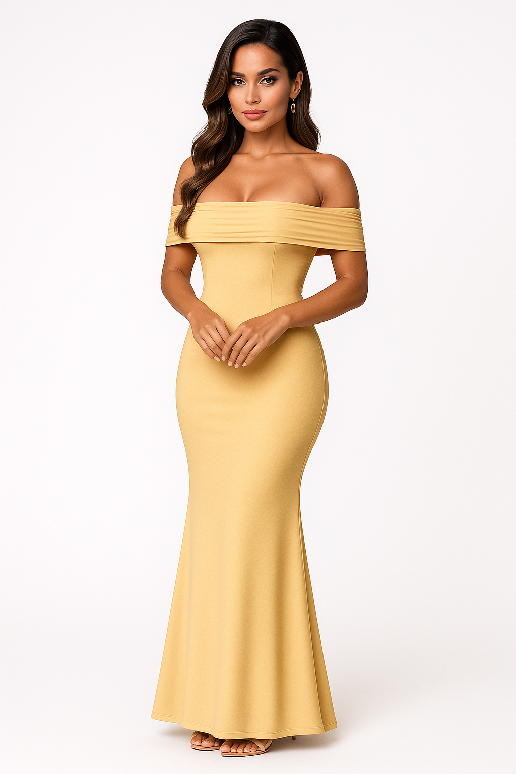 Vestido largo con brillo satinado, hombros descubiertos y espalda abierta