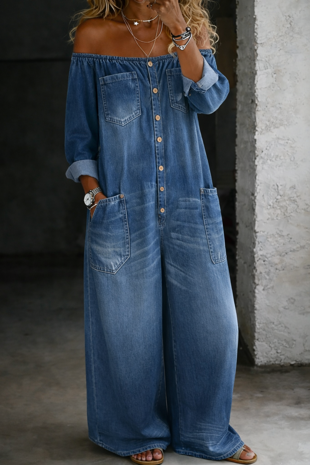 Off-Shoulder Long-Sleeve Denim Jumpsuit for Effortless Style