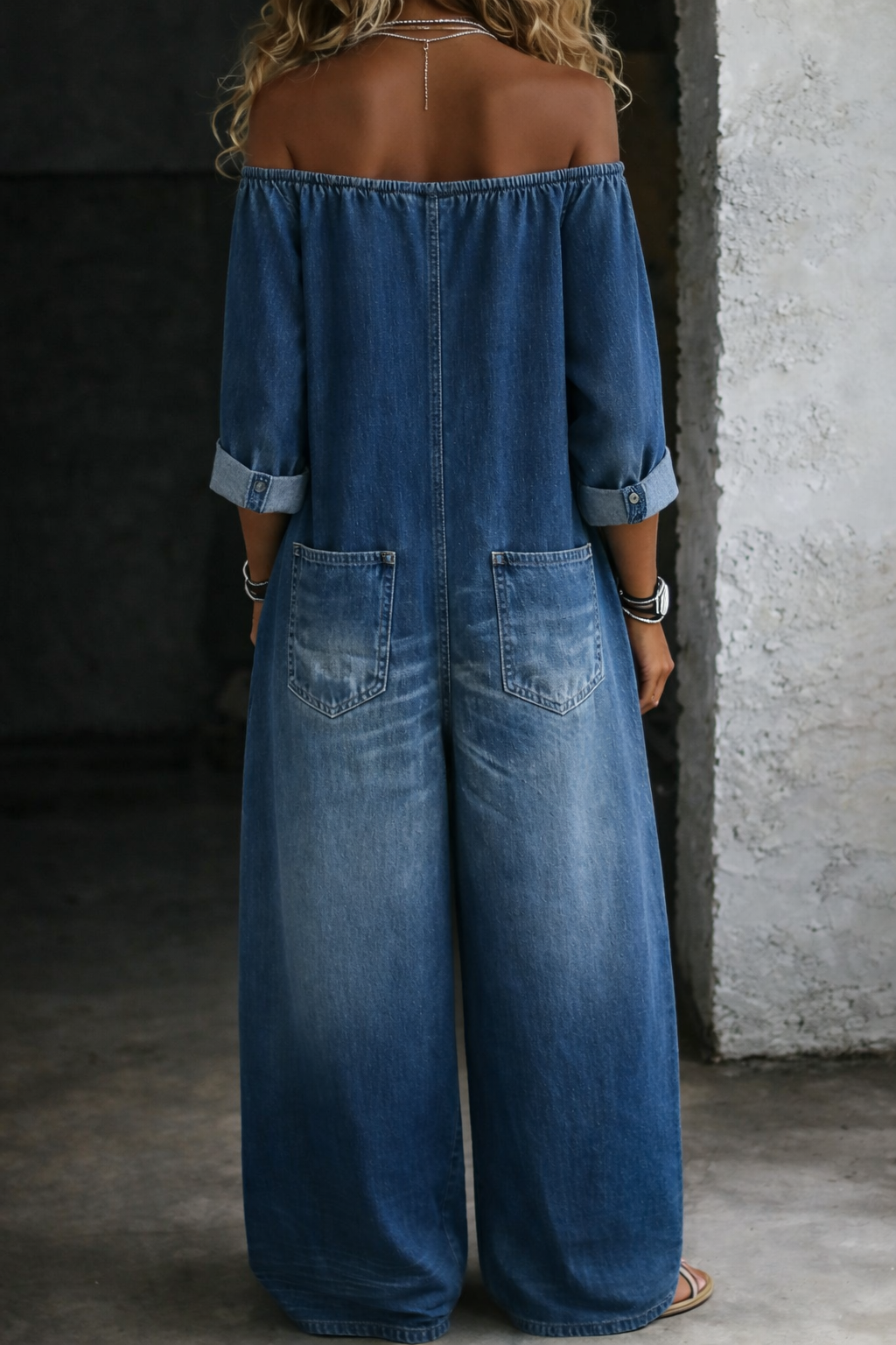 Off-Shoulder Long-Sleeve Denim Jumpsuit for Effortless Style