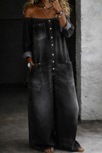 Off-Shoulder Long-Sleeve Denim Jumpsuit for Effortless Style