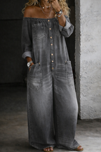 Off-Shoulder Long-Sleeve Denim Jumpsuit for Effortless Style