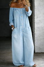 Off-Shoulder Long-Sleeve Denim Jumpsuit for Effortless Style