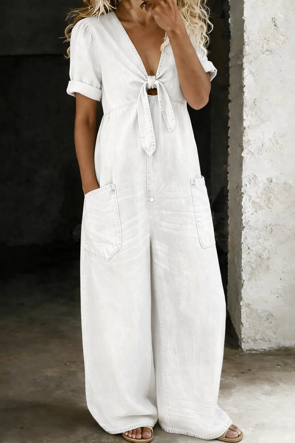 V-Neck Short Sleeve Jumpsuit with Pockets