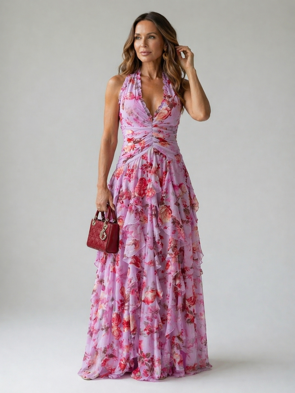 Floral Halter Maxi Dress with an Elegant Layered Detail