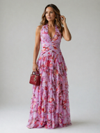 Floral Halter Maxi Dress with an Elegant Layered Detail