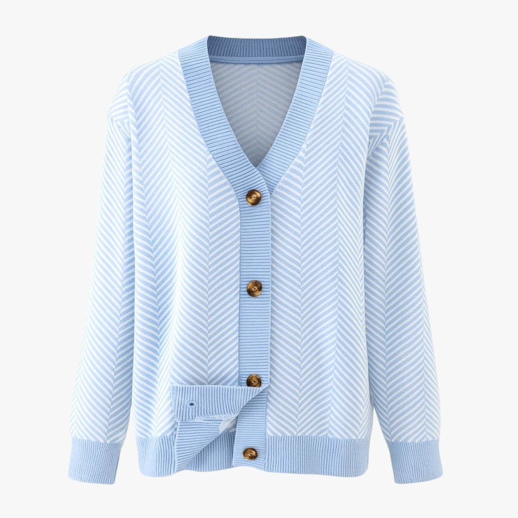 Lightweight Knitted V-Neck Cardigan with Contrast Stripes