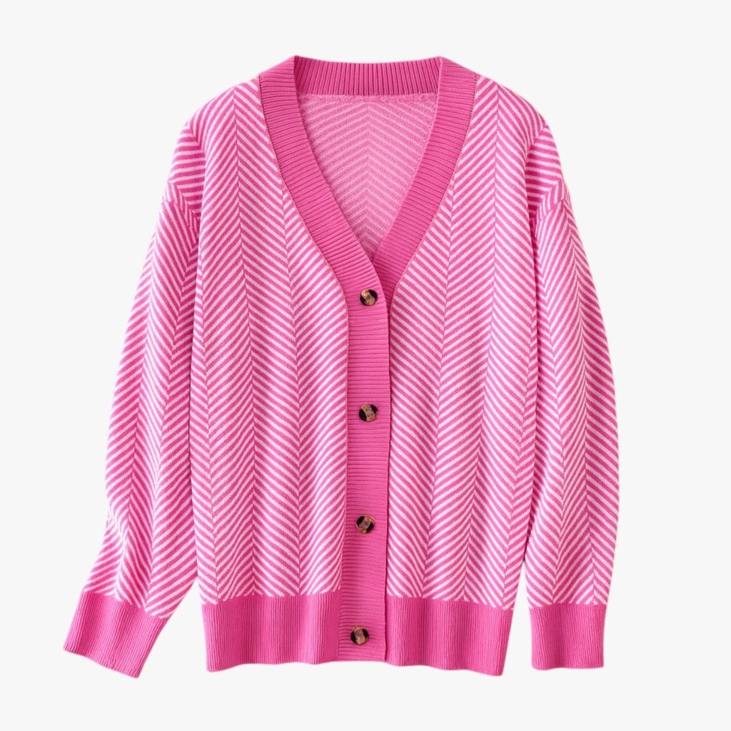 Lightweight Knitted V-Neck Cardigan with Contrast Stripes